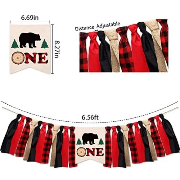 3Pcs Lumberjack 1st Birthday Party Hat Cake Topper Banner Buffalo Plaid Camping - Picture 6 of 7